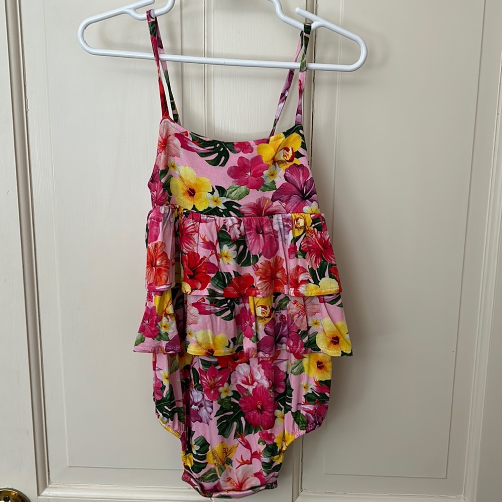 Posh Peanut Pink Tropical Floral Ruffle One-Piece